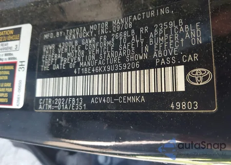 2009 Toyota Camry z USA, uszkodzony, nr VIN 4T1BE46KX9U359206